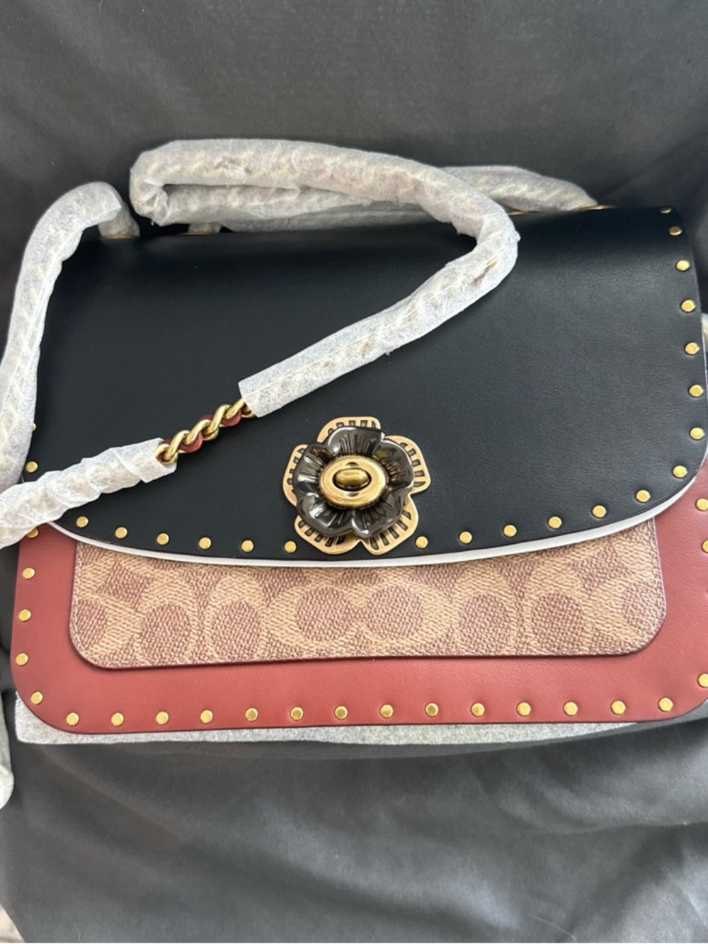 Coach Floral Turnlock Shoulder Bag in Black, Tan & Red-Brown (New) MSRP $495